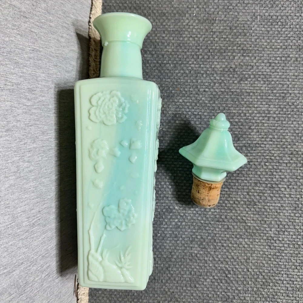 Vintage Slag Glass Decanter Mint Green Blue Marbled Floral Bottle with Stopper